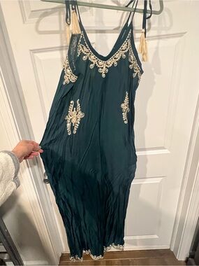 Dark Teal Embroidered jumpsuit with Tassel Straps